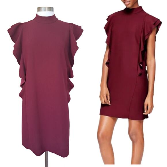 KATE SPADE Burgundy Flutter Sleeve Shift Dress Size 12 Wine Crepe - Picture 1 of 11
